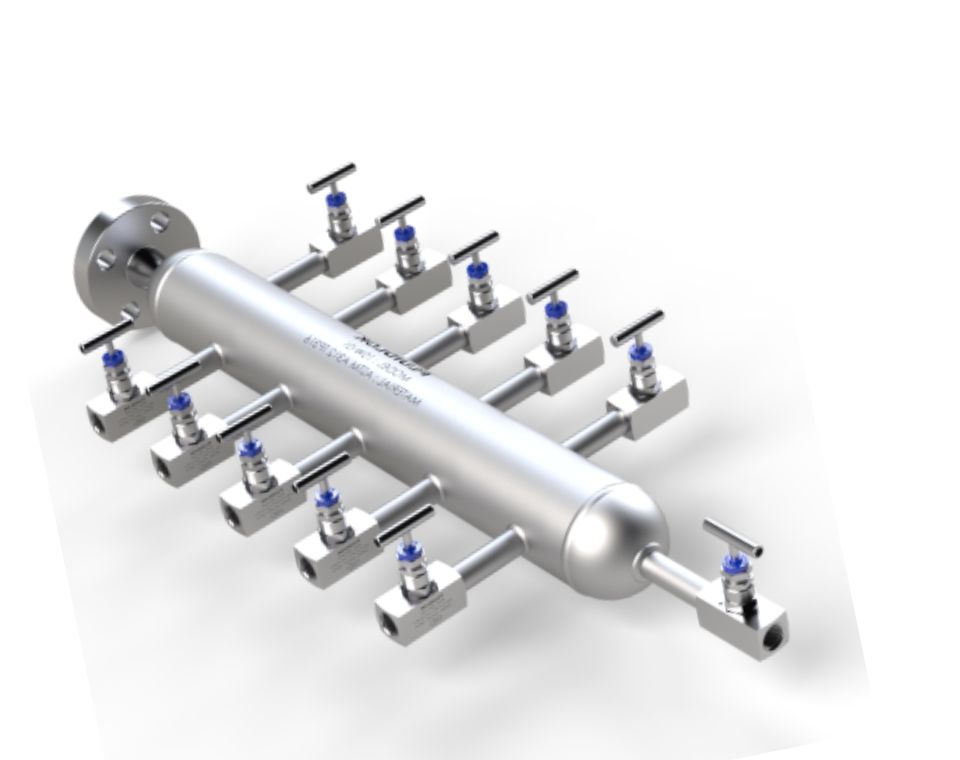 10-Way Air Header — 10-outlet flanged air distribution manifold with blue needle valves for large instrument panels and offshore instrument enclosures