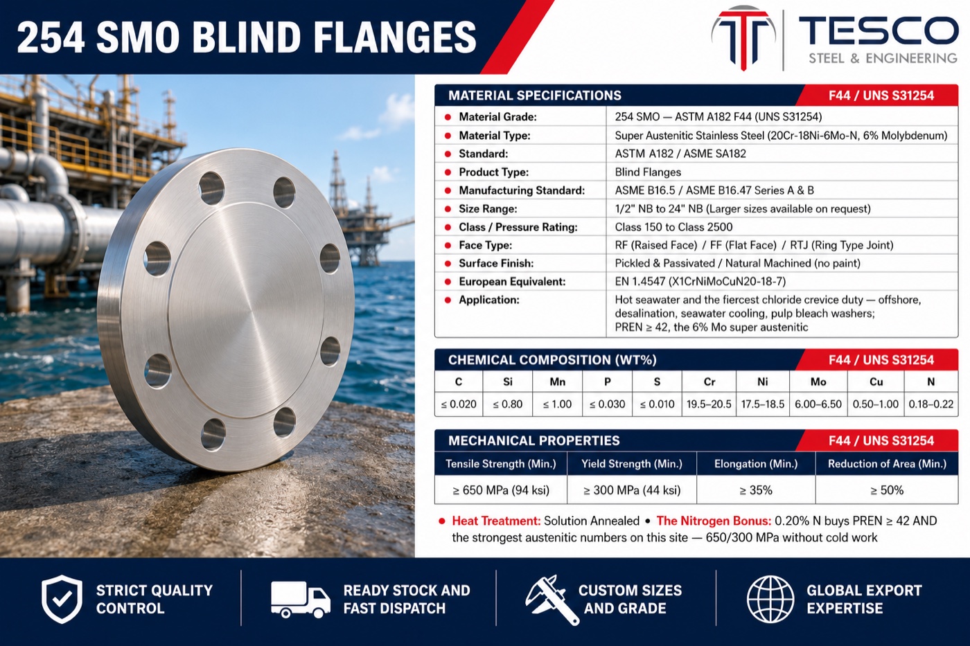 254 SMO blind flange specifications infographic — UNS S31254 chemistry with 6% molybdenum and nitrogen, mechanical properties, ASME B16.5 sizes