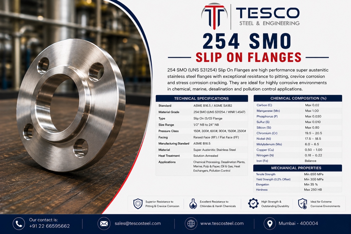 254 SMO UNS S31254 slip on flange with technical specifications, chemical composition and mechanical properties — Tesco Steel & Engineering India