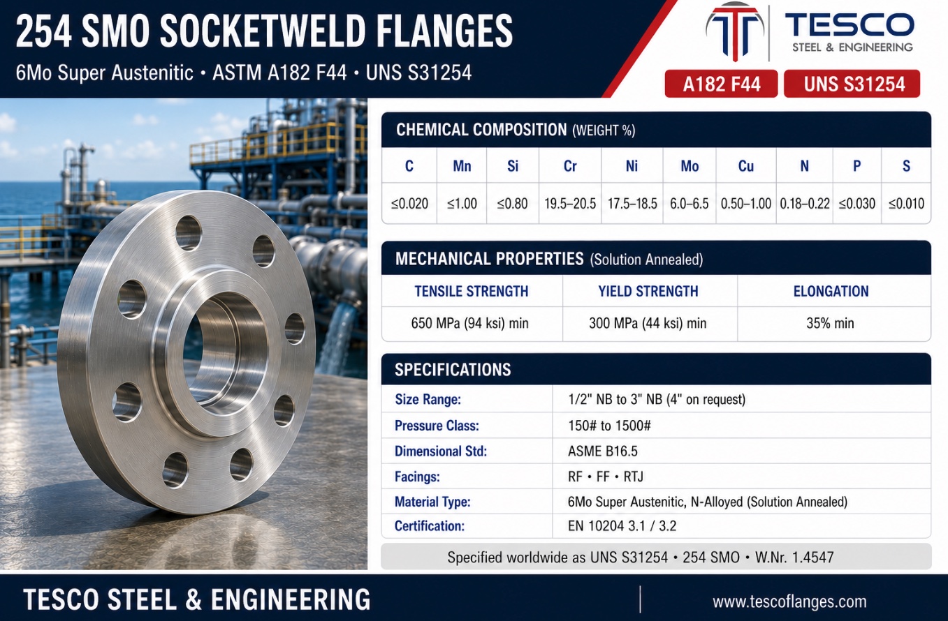 254 SMO socket weld flange specifications infographic — ASTM A182 F44 S31254 6Mo super austenitic chemistry with nitrogen, 650/300 MPa mechanical properties, ASME B16.5 socket weld sizes