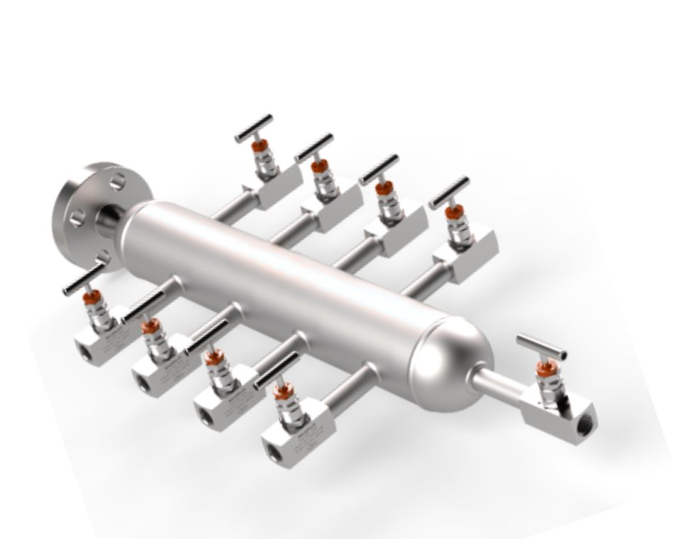 8-Way Air Header — 8-outlet cylindrical manifold with ASME flanged inlet and orange needle valves, for instrument racks and DCS panel air supply