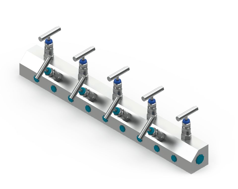 Air Header Distributer — large-bore cylindrical manifold with ASME flange inlet and multiple needle valve outlets for centralised air distribution in process plants