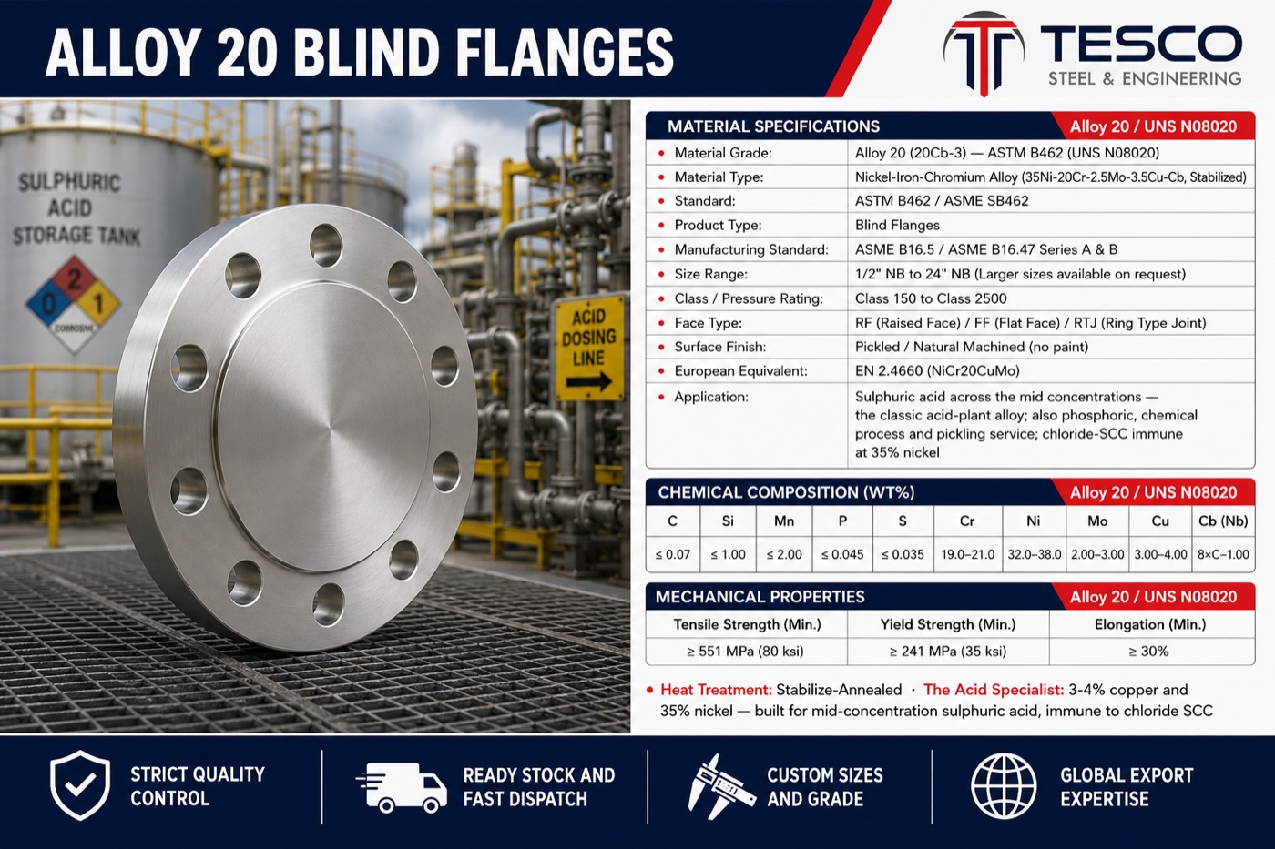 Alloy 20 blind flange specifications infographic — UNS N08020 chemistry with copper and niobium, mechanical properties, ASME B16.5 sizes