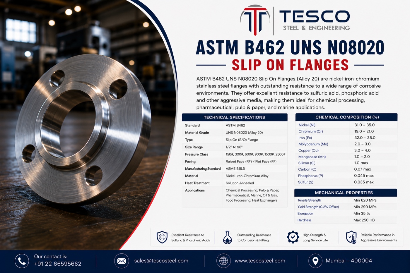 Alloy 20 UNS N08020 slip on flange with technical specifications, chemical composition and mechanical properties — Tesco Steel & Engineering India