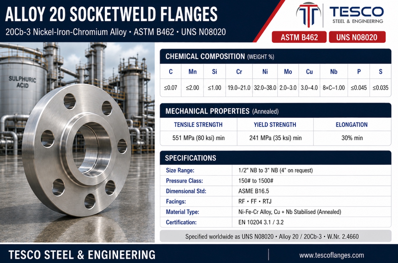 Alloy 20 socket weld flange specifications infographic — ASTM B462 N08020 20Cb-3 nickel-iron-chromium chemistry with copper and niobium, 551/241 MPa mechanical properties, ASME B16.5 socket weld sizes