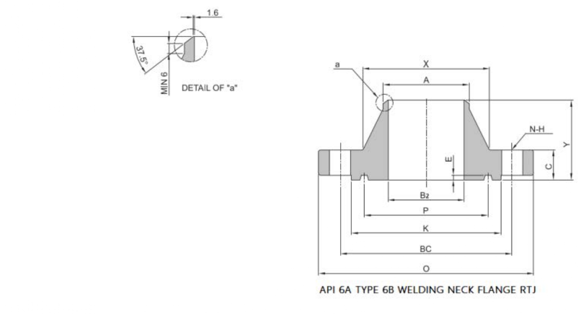 API 6A Type 6B 5000 PSI weld neck flange dimensions