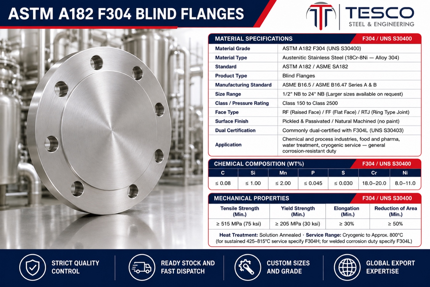 ASTM A182 F304 stainless steel blind flange infographic with material specifications chemistry and mechanical properties