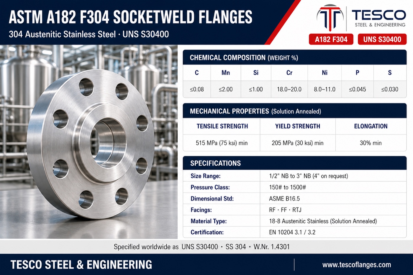 ASTM A182 F304 socket weld flange specifications infographic — SS 304 S30400 18-8 austenitic chemistry, 515/205 MPa mechanical properties, ASME B16.5 socket weld sizes