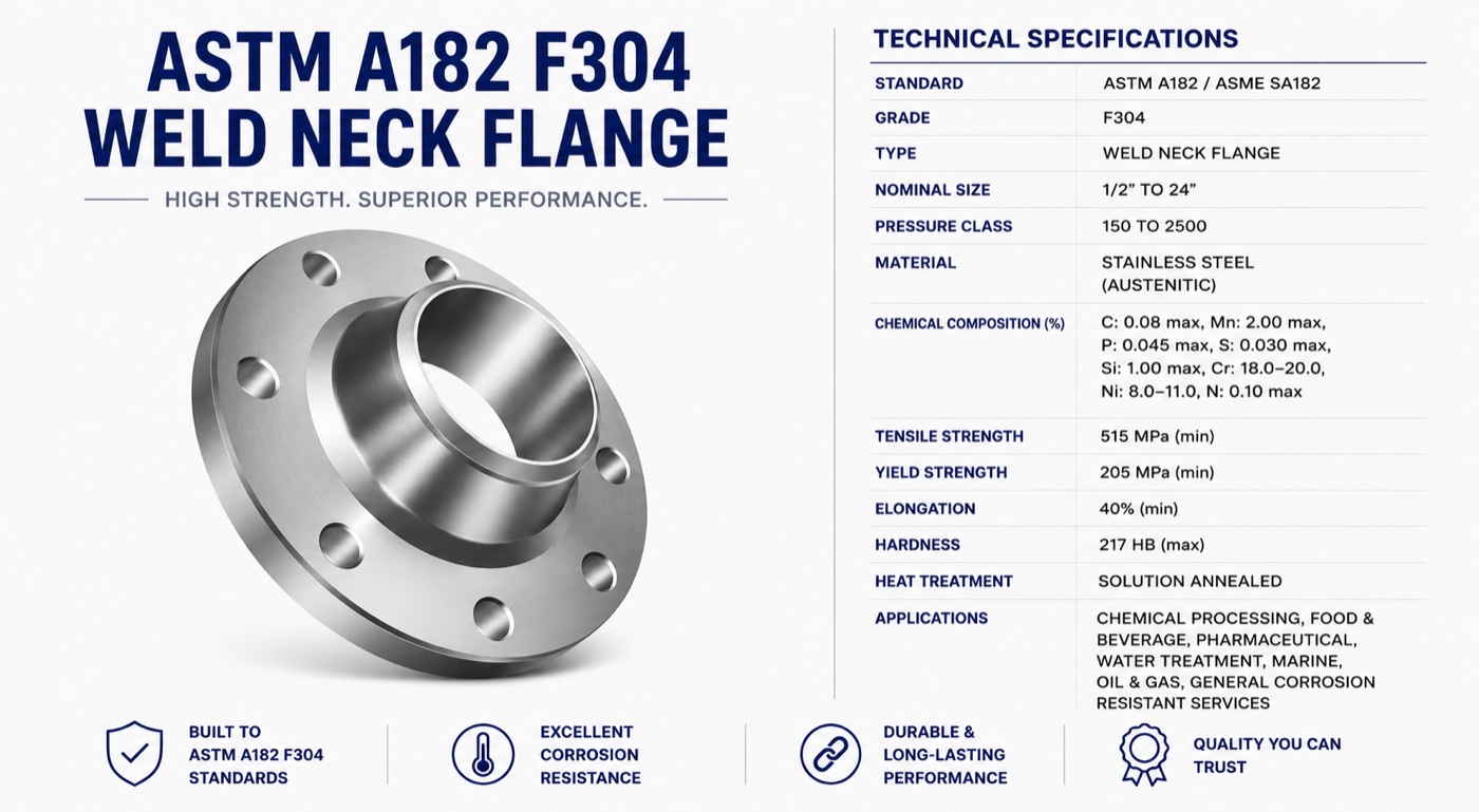 ASTM A182 F304 stainless steel weld neck flange with technical specifications — UNS S30400, Tesco Steel & Engineering