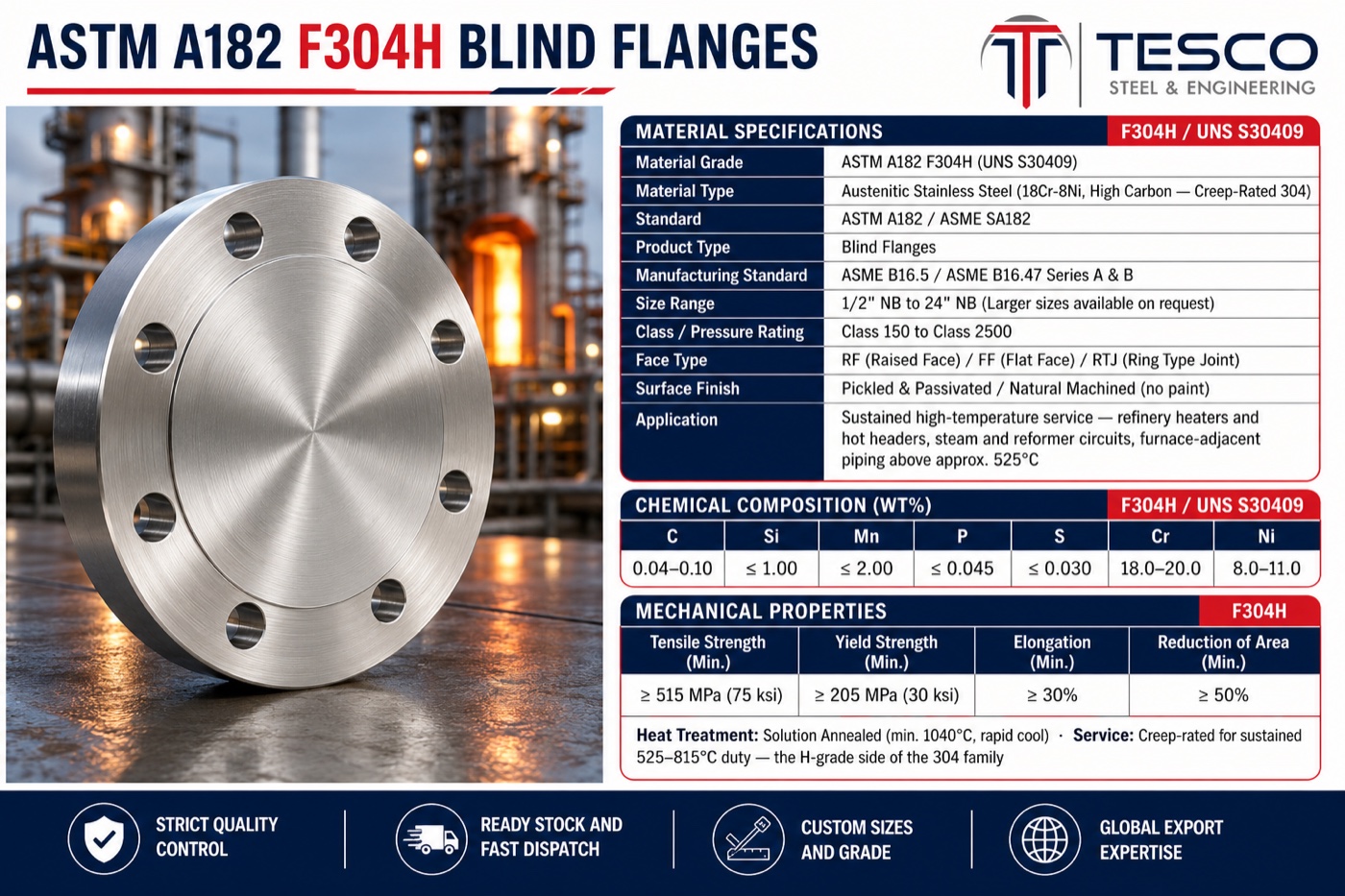 ASTM A182 F304H stainless steel blind flange infographic with material specifications chemistry and mechanical properties