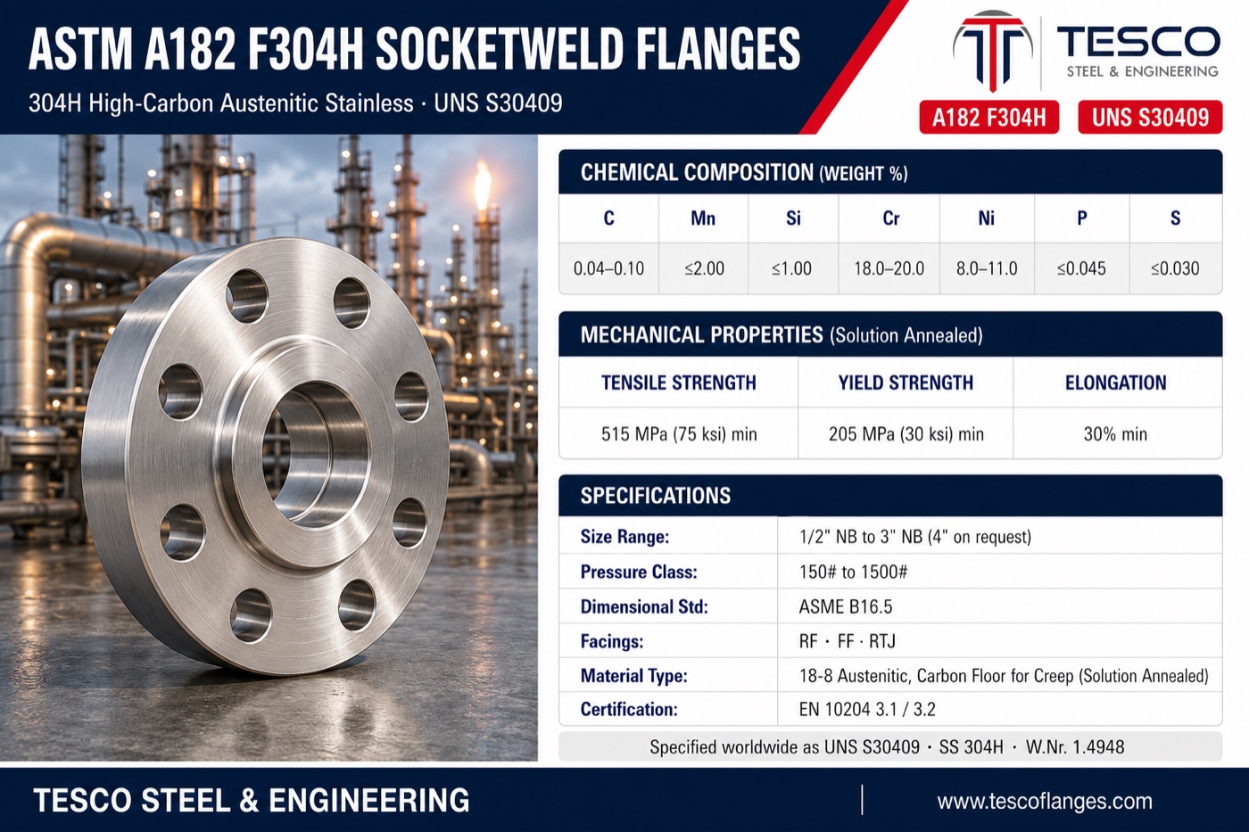 ASTM A182 F304H socket weld flange specifications infographic — SS 304H S30409 high-carbon austenitic chemistry with 0.04-0.10% carbon band, 515/205 MPa mechanical properties, ASME B16.5 socket weld sizes