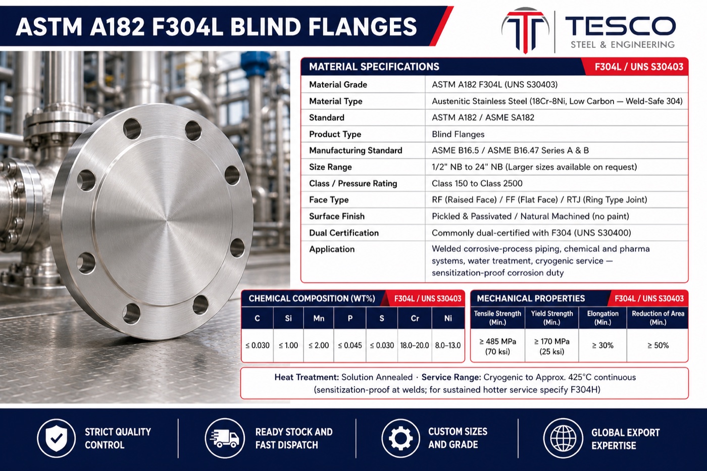 ASTM A182 F304L stainless steel blind flange infographic with material specifications chemistry and mechanical properties