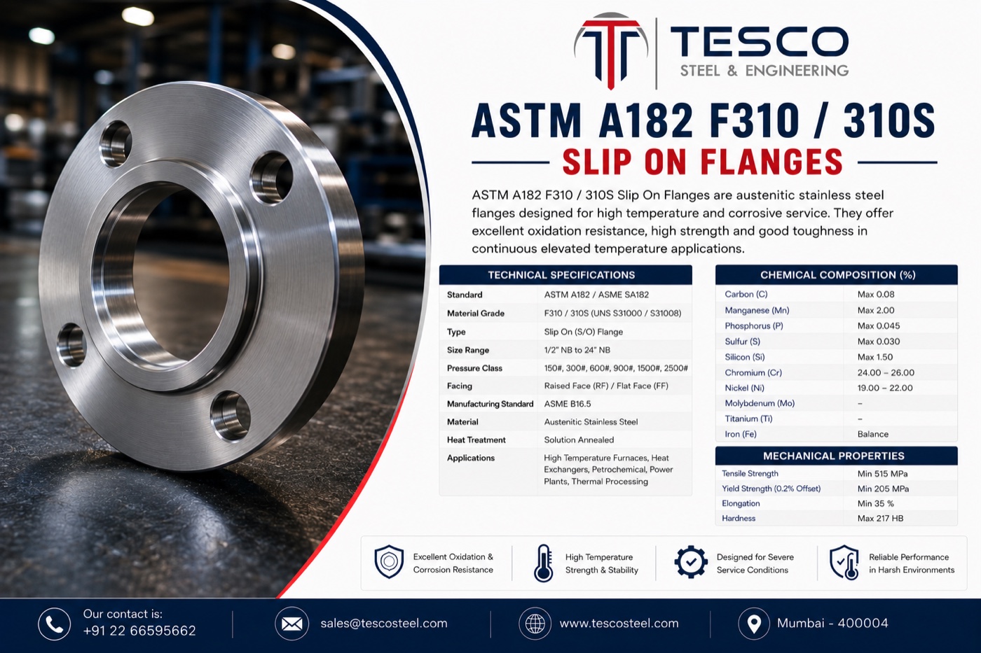 ASTM A182 F310 310S slip on flange with technical specifications, chemical composition and mechanical properties — Tesco Steel & Engineering India