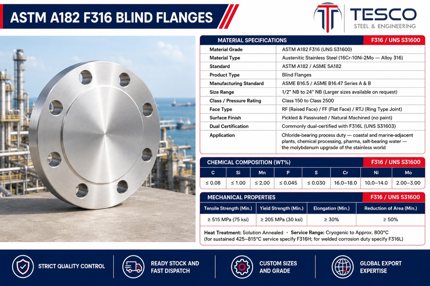 ASTM A182 F316 stainless steel blind flange infographic with material specifications chemistry and mechanical properties