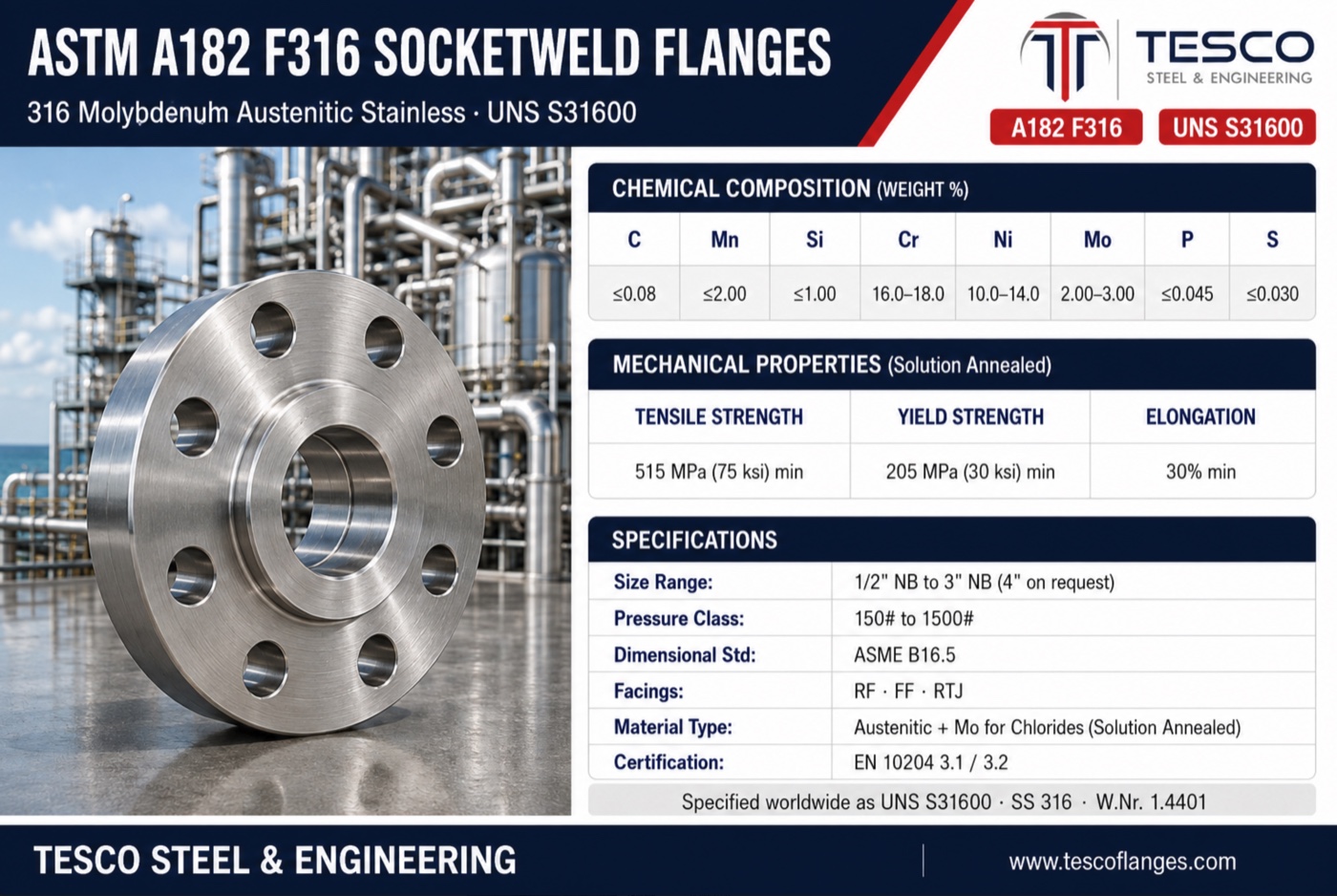 ASTM A182 F316 socket weld flange specifications infographic — SS 316 S31600 molybdenum austenitic chemistry, 515/205 MPa mechanical properties, ASME B16.5 socket weld sizes