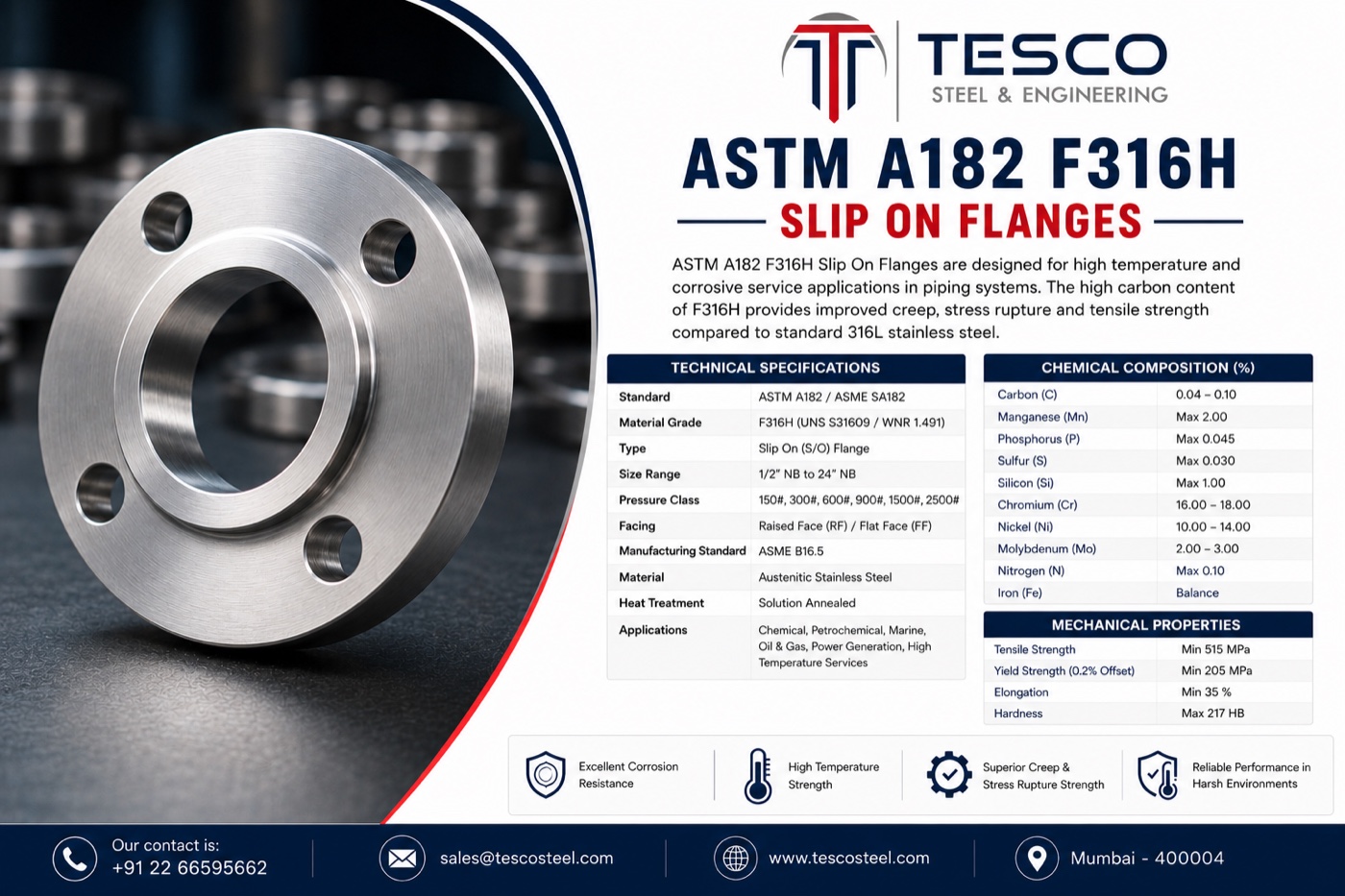ASTM A182 F316H slip on flange with technical specifications, chemical composition and mechanical properties — Tesco Steel & Engineering India