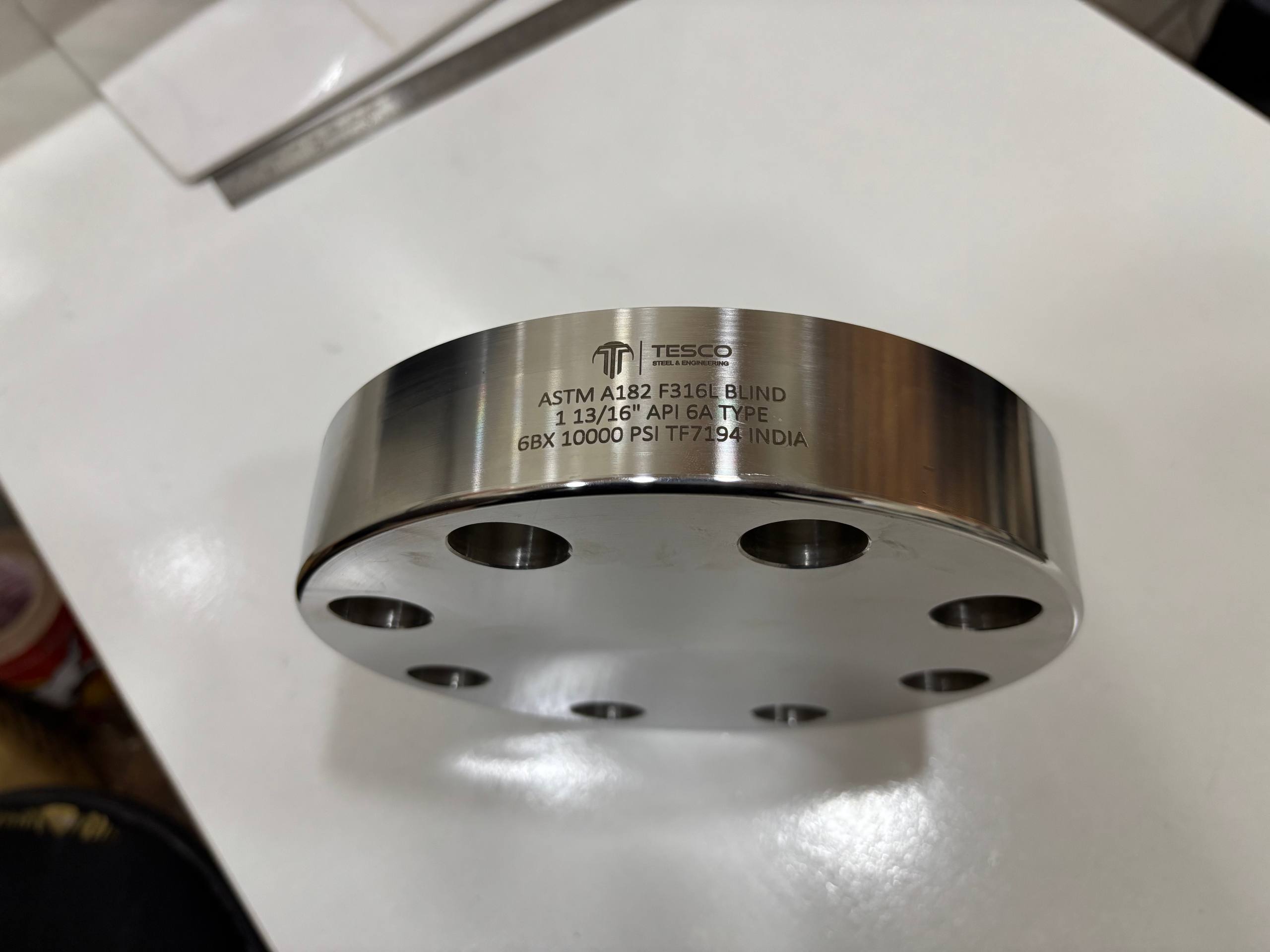 ASTM A182 F316L stainless steel blind flange API 6A type 1-13/16 inch 6BX 10000 PSI — precision mirror-finish machined by Tesco Steel & Engineering India
