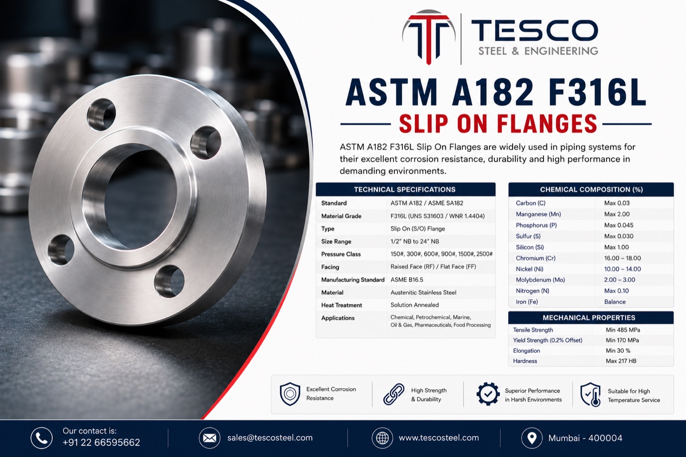 ASTM A182 F316L slip on flange with technical specifications, chemical composition and mechanical properties — Tesco Steel & Engineering India