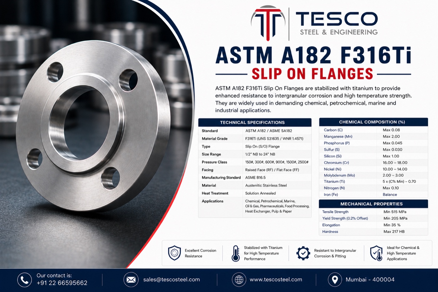 ASTM A182 F316Ti slip on flange with technical specifications, chemical composition and mechanical properties — Tesco Steel & Engineering India