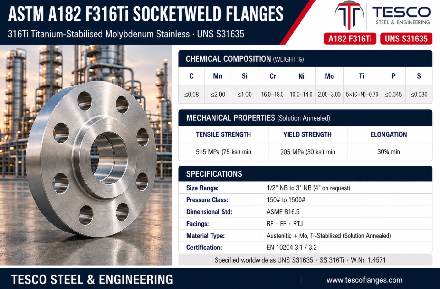 ASTM A182 F316Ti socket weld flange specifications infographic — SS 316Ti S31635 titanium-stabilised chemistry, 515/205 MPa mechanical properties, ASME B16.5 socket weld sizes