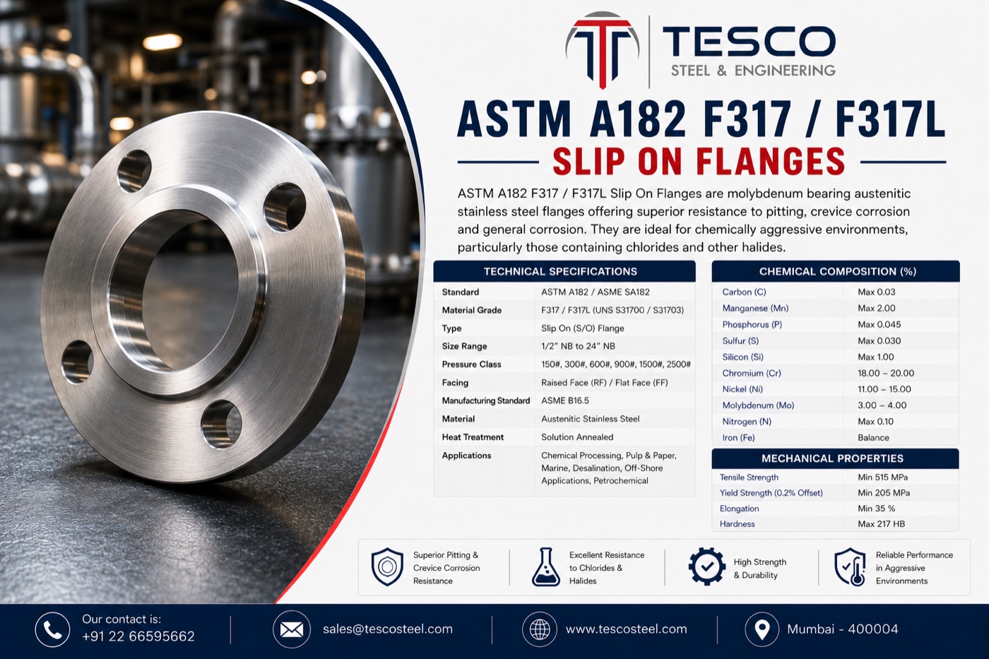 ASTM A182 F317 F317L slip on flange with technical specifications, chemical composition and mechanical properties — Tesco Steel & Engineering India