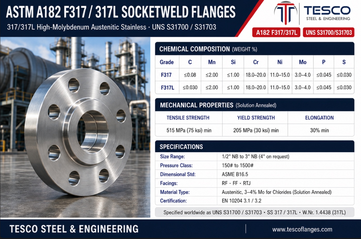ASTM A182 F317/317L socket weld flange specifications infographic — SS 317L S31703 high-molybdenum chemistry, 515/205 MPa mechanical properties, ASME B16.5 socket weld sizes