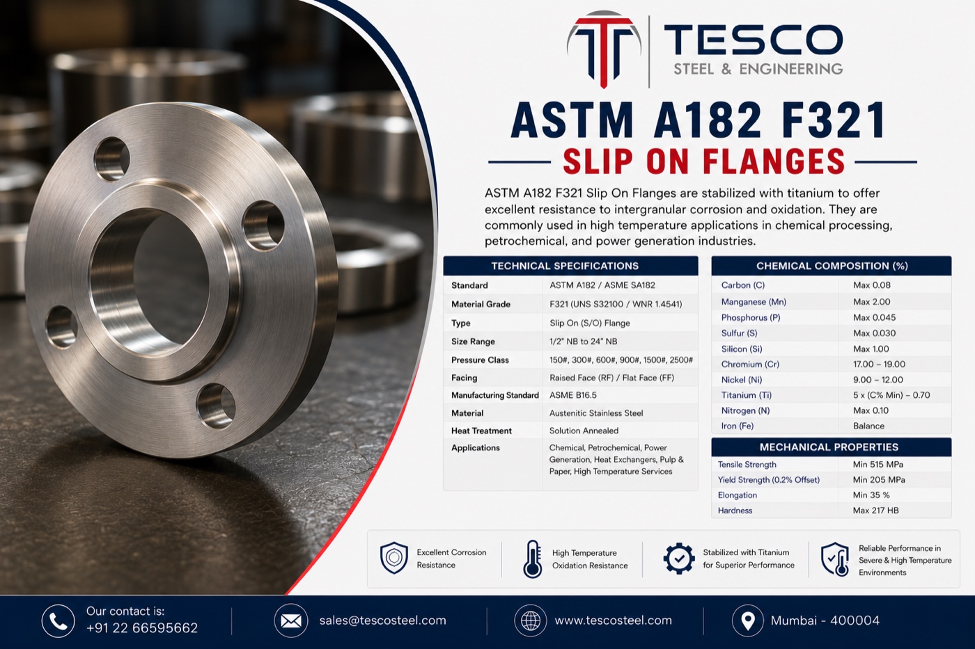 ASTM A182 F321 slip on flange with technical specifications, chemical composition and mechanical properties — Tesco Steel & Engineering India