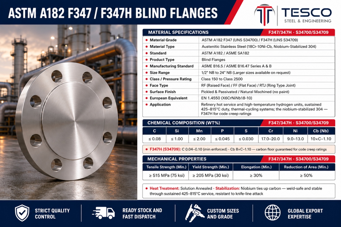 ASTM A182 F347 and F347H blind flange specifications infographic — UNS S34700/S34709 chemistry with niobium formulas, mechanical properties, ASME B16.5 sizes
