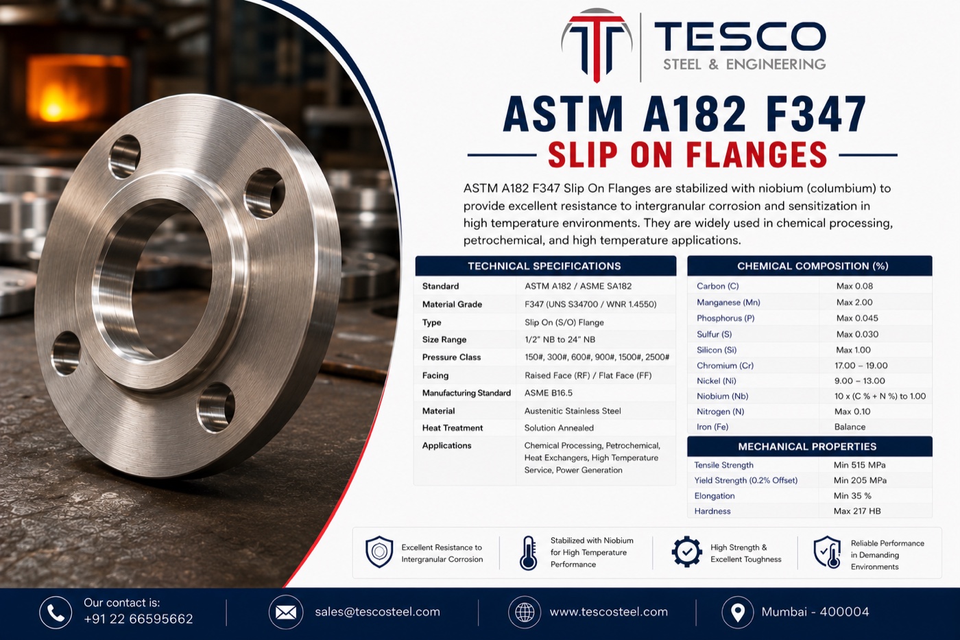 ASTM A182 F347 slip on flange with technical specifications, chemical composition and mechanical properties — Tesco Steel & Engineering India