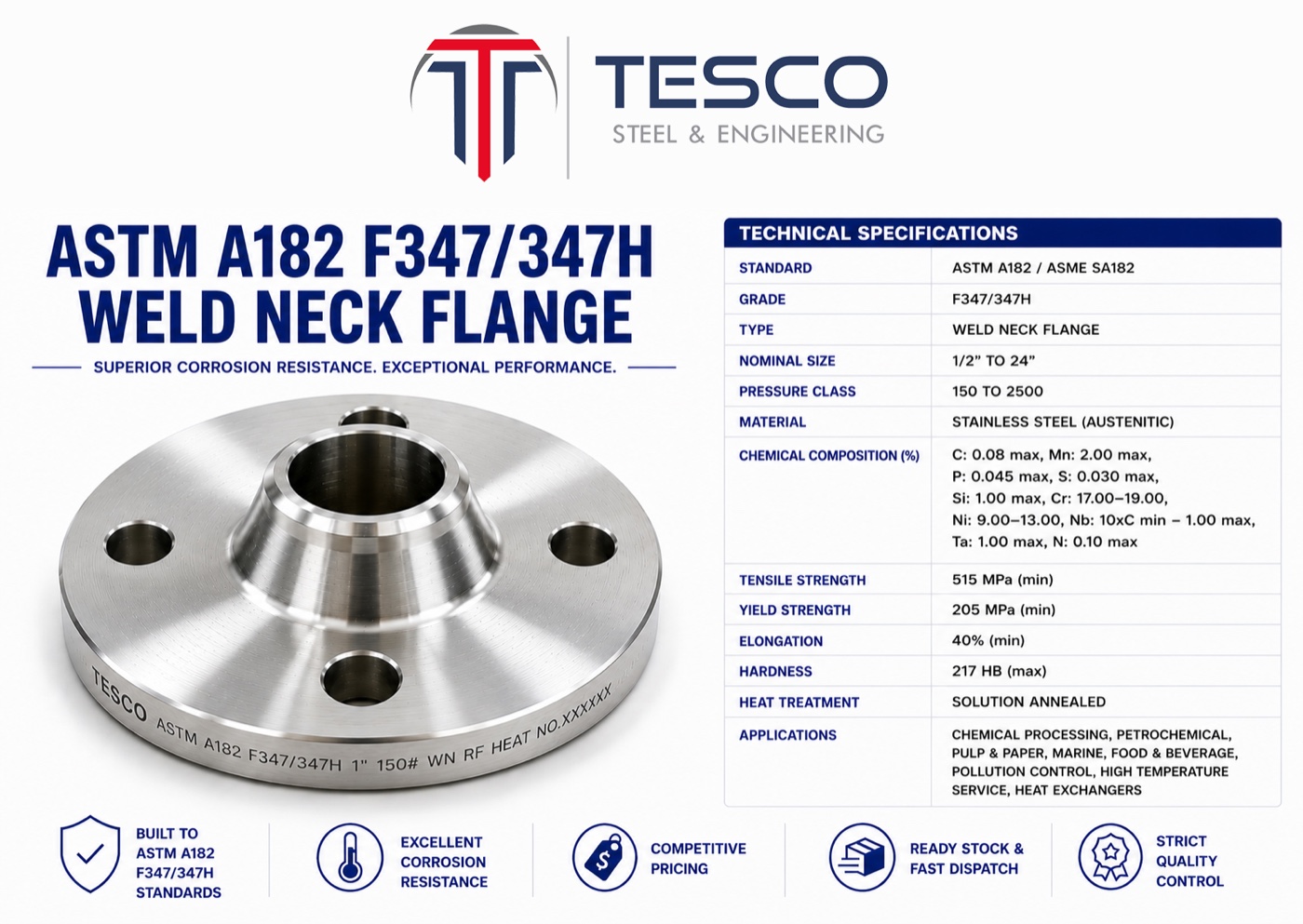 ASTM A182 F347/347H stainless steel weld neck flange with technical specifications — UNS S34700, Tesco Steel & Engineering