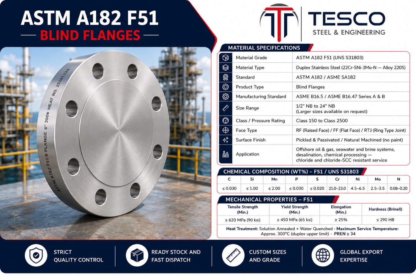ASTM A182 F51 duplex blind flange infographic with material specifications chemistry and mechanical properties
