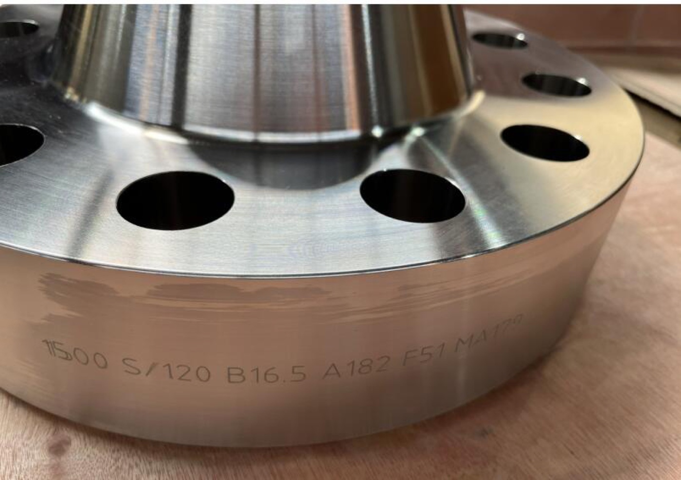 ASTM A182 F51 duplex steel weld neck flange 6 inch Class 1500 Sch 120 RTJ, rim hard-stamped 1500 S/120 B16.5 A182 F51 — Tesco Steel & Engineering