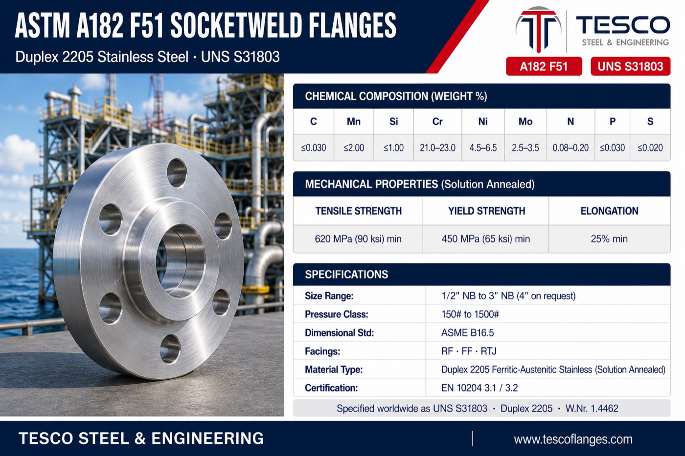 ASTM A182 F51 socket weld flange specifications infographic — duplex 2205 S31803 chemistry with nitrogen range, 620/450 MPa mechanical properties, ASME B16.5 socket weld sizes