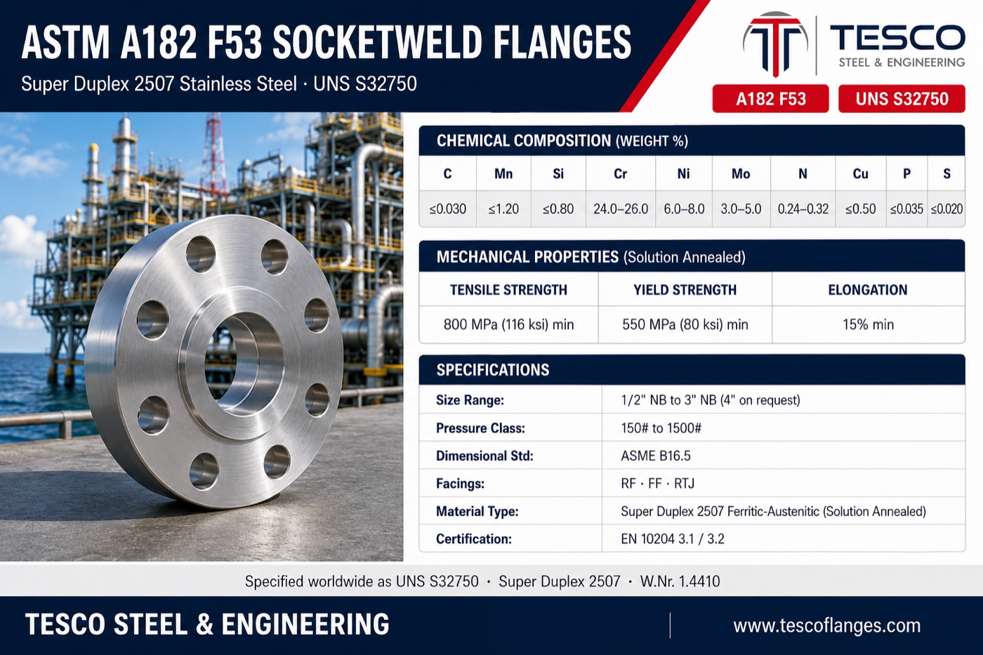 ASTM A182 F53 socket weld flange specifications infographic — super duplex 2507 S32750 chemistry with high nitrogen floor, 800/550 MPa mechanical properties, ASME B16.5 socket weld sizes