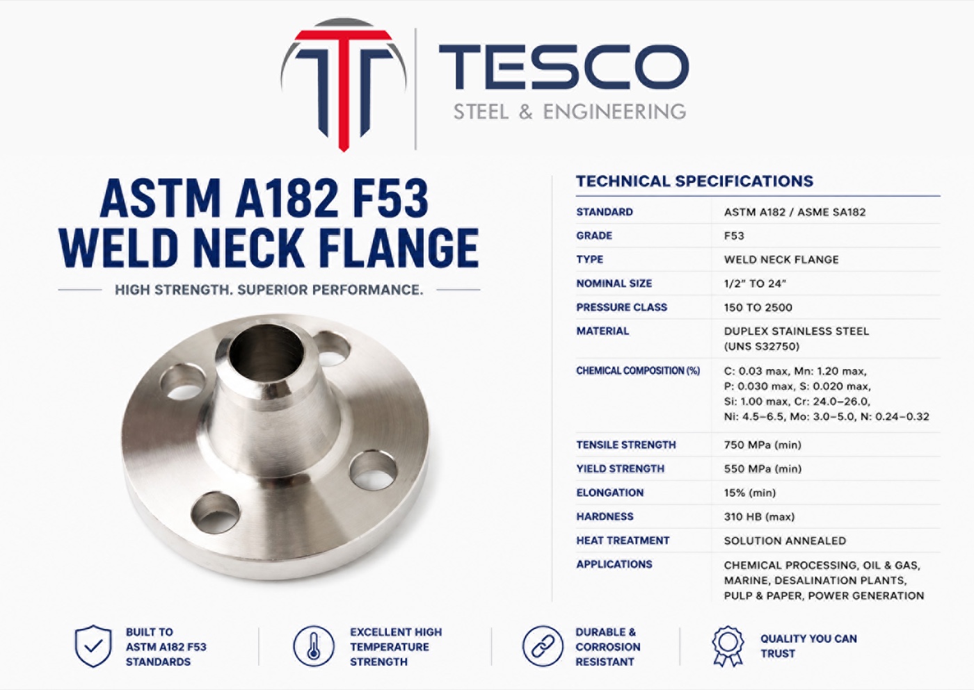 ASTM A182 F53 super duplex 2507 weld neck flange with technical specifications — UNS S32750, Tesco Steel & Engineering