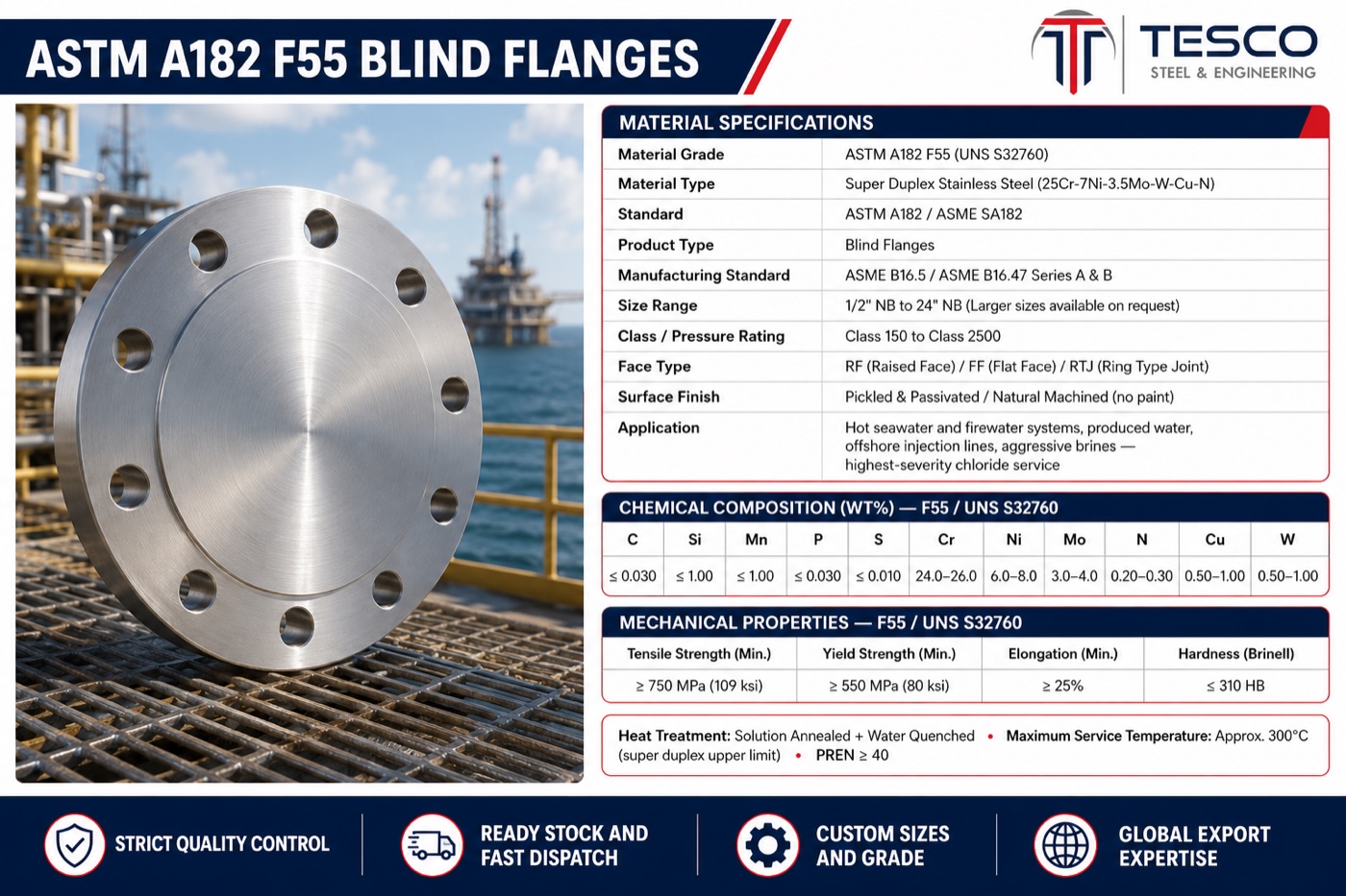 ASTM A182 F55 super duplex blind flange infographic with material specifications chemistry and mechanical properties