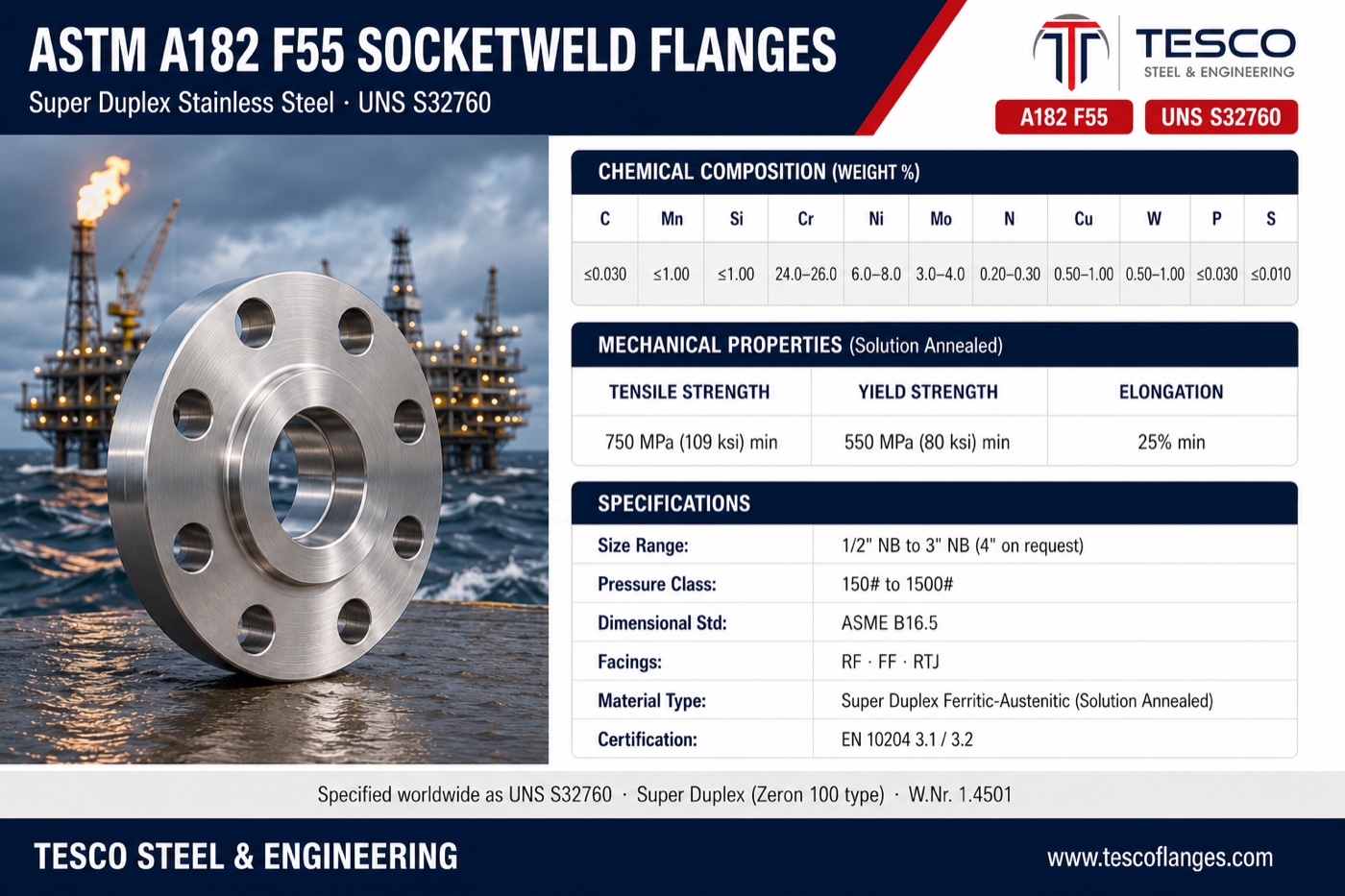 ASTM A182 F55 socket weld flange specifications infographic — super duplex S32760 chemistry with copper and tungsten additions, 750/550 MPa mechanical properties, ASME B16.5 socket weld sizes