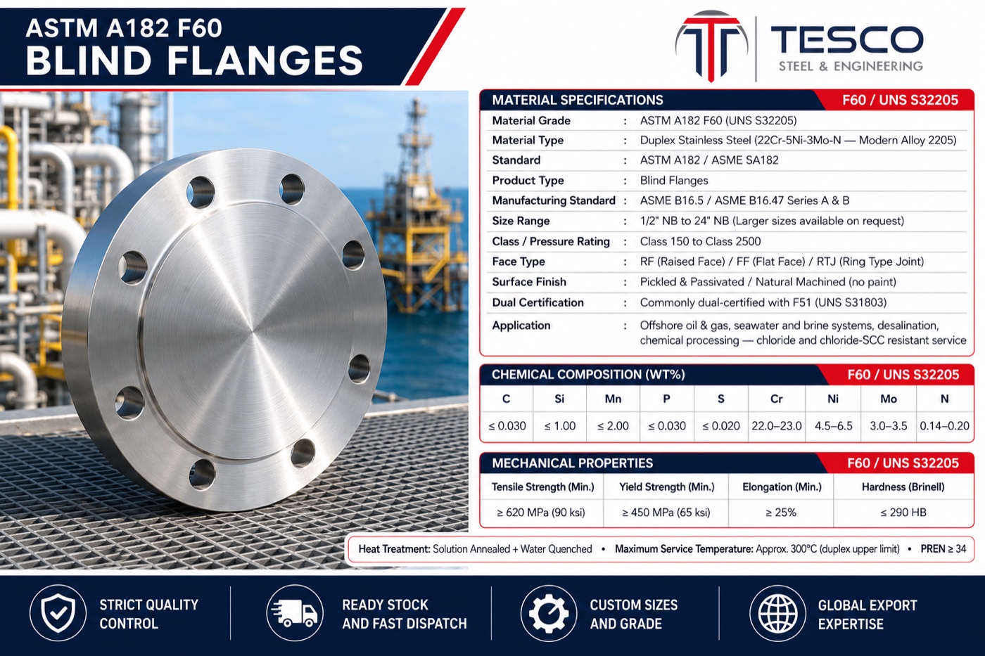 ASTM A182 F60 duplex blind flange infographic with material specifications chemistry and mechanical properties