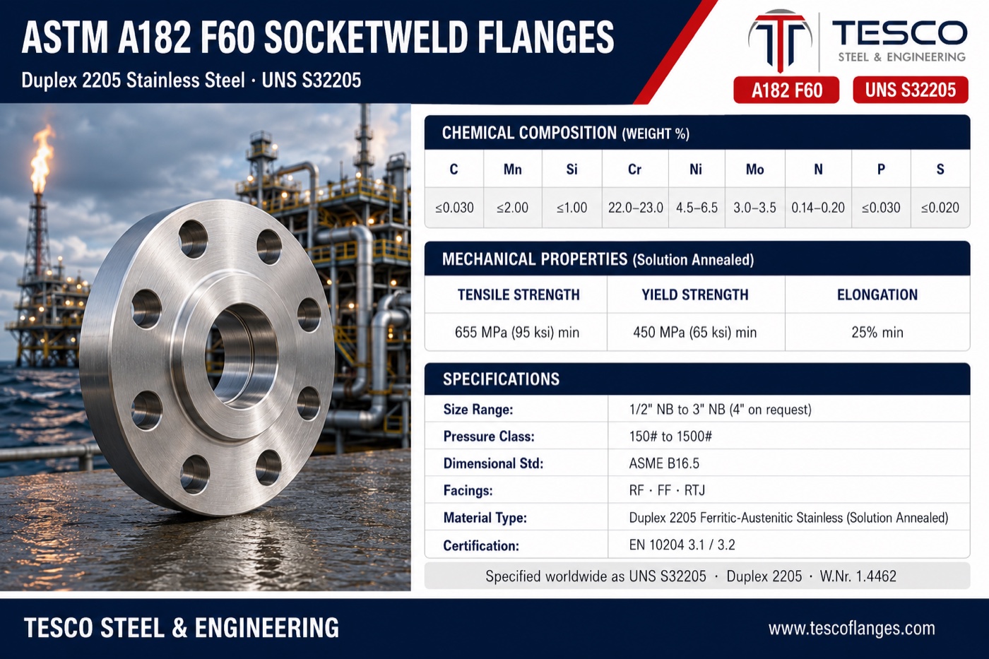 ASTM A182 F60 socket weld flange specifications infographic — duplex 2205 S32205 chemistry with raised chromium molybdenum nitrogen floors, 655/450 MPa mechanical properties, ASME B16.5 socket weld sizes