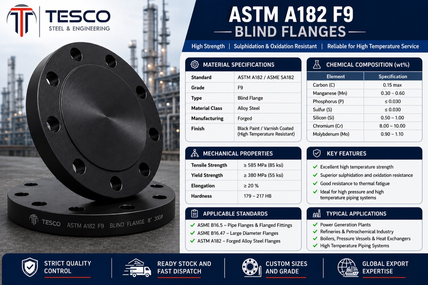 ASTM A182 F9 blind flange infographic with material specifications chemistry and mechanical properties