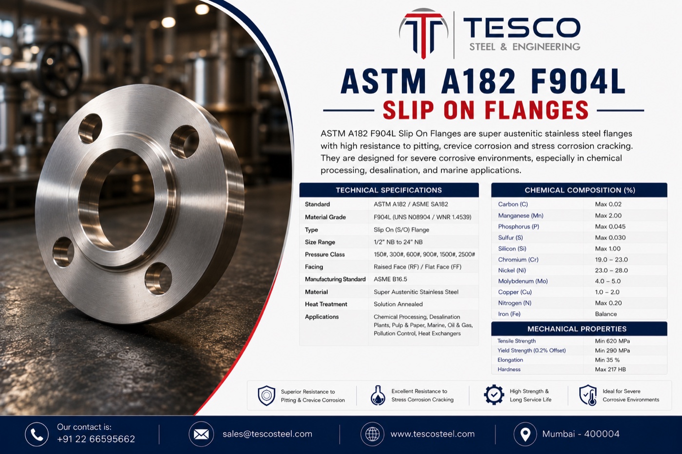 ASTM A182 F904L slip on flange with technical specifications, chemical composition and mechanical properties — Tesco Steel & Engineering India