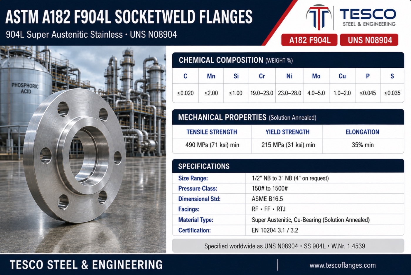 ASTM A182 F904L socket weld flange specifications infographic — SS 904L N08904 super austenitic chemistry with copper, 490/215 MPa mechanical properties, ASME B16.5 socket weld sizes