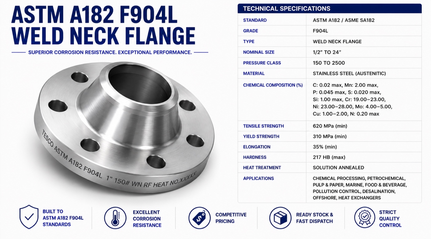 ASTM A182 F904L super austenitic stainless steel weld neck flange with technical specifications — UNS N08904, Tesco Steel & Engineering