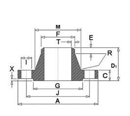 BS 4504 PN 40 welding neck flange dimension reference — flange OD A, bolt circle J, raised face G, hub letters M, F, T and thickness C