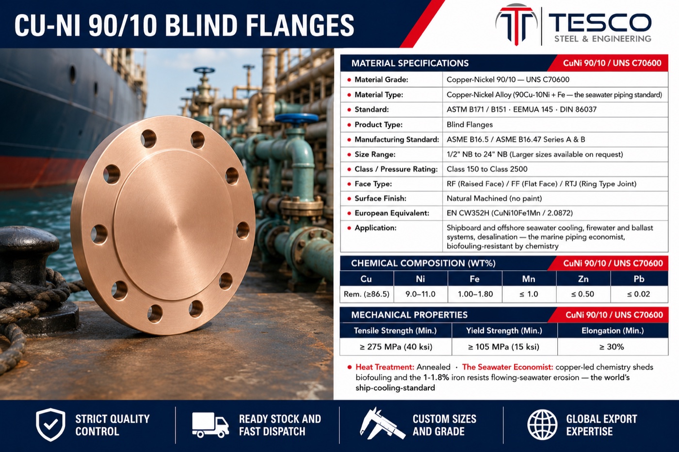 Copper-nickel 90/10 blind flange specifications infographic — UNS C70600 chemistry, mechanical properties, ASME B16.5 sizes