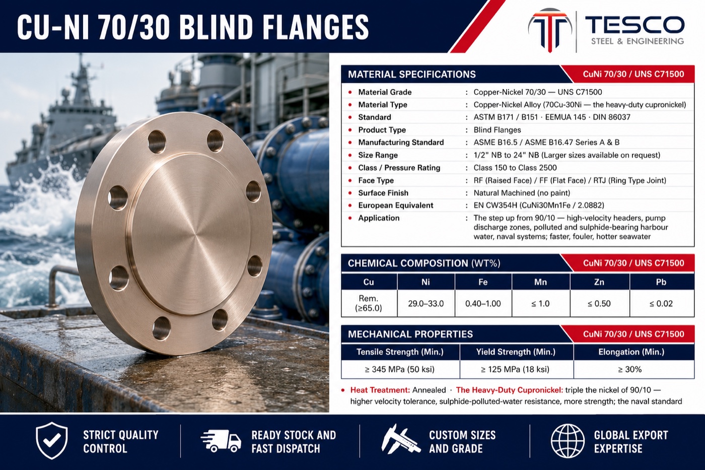 Copper-nickel 70/30 blind flange specifications infographic — UNS C71500 chemistry, mechanical properties, ASME B16.5 sizes