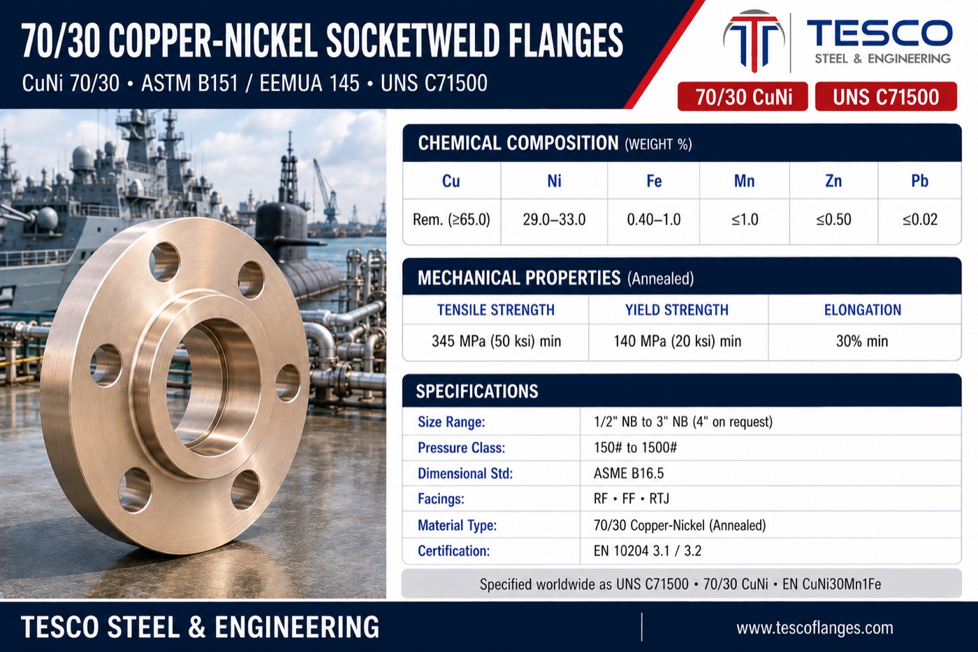 70/30 copper nickel socket weld flange specifications infographic — ASTM B151 C71500 CuNi chemistry, 345/140 MPa mechanical properties, ASME B16.5 socket weld sizes
