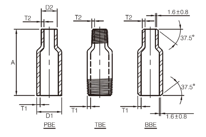 Concentric swage nipple dimension drawing showing D1, D2, A, T1, T2 and PBE, TBE, BBE end types with 37.5 degree bevel per MSS SP-95