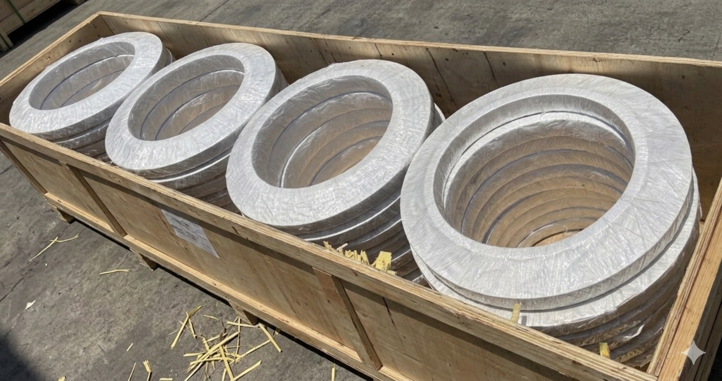 Large Copper Nickel 70/30 flanges packed in ISPM-15 wooden export crate with straw cushioning for safe overseas shipping