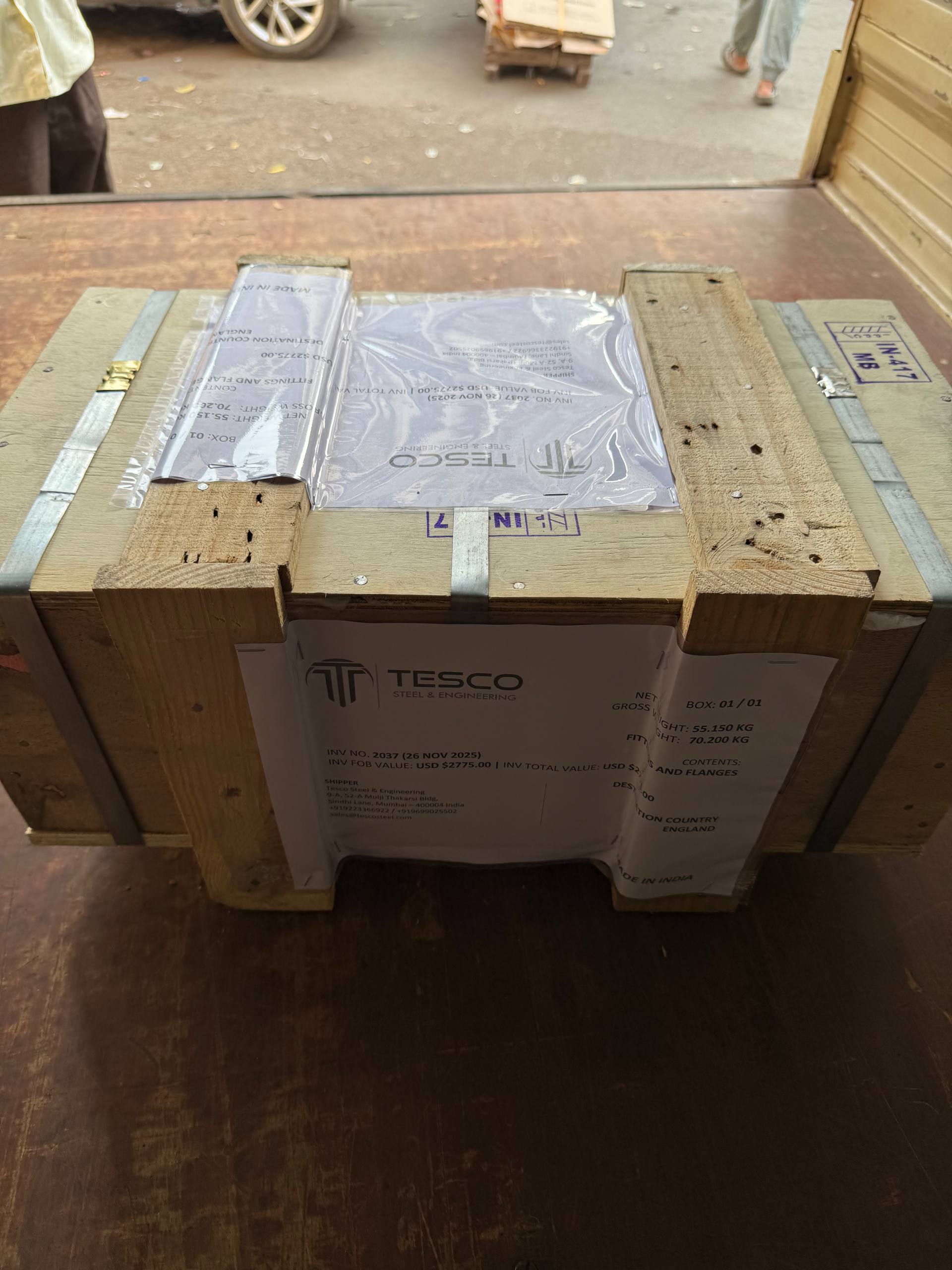 Cupro Nickel flanges packed in Tesco Steel & Engineering branded wooden export crate ready for international shipping